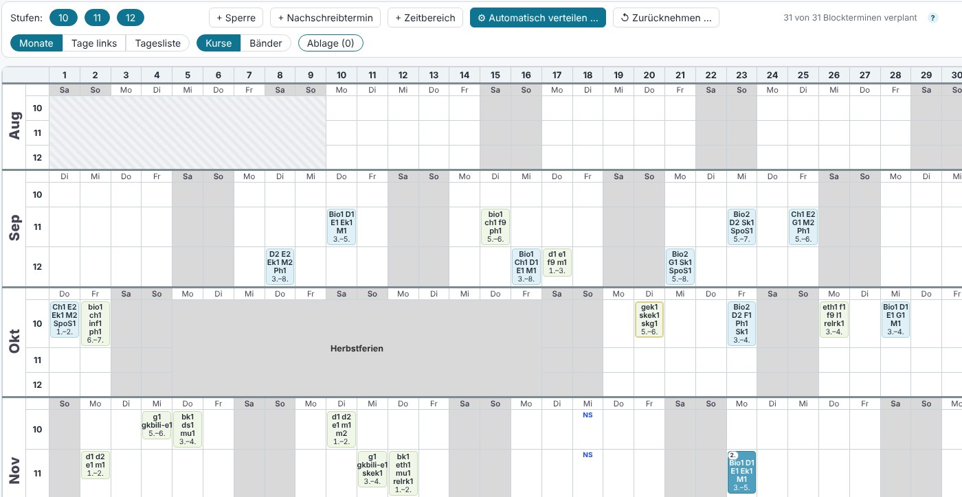 Kalender im Kursarbeitsplaner: Monate untereinander, Tage nebeneinander, je Stufe eine Zeile mit den verteilten Kursarbeiten